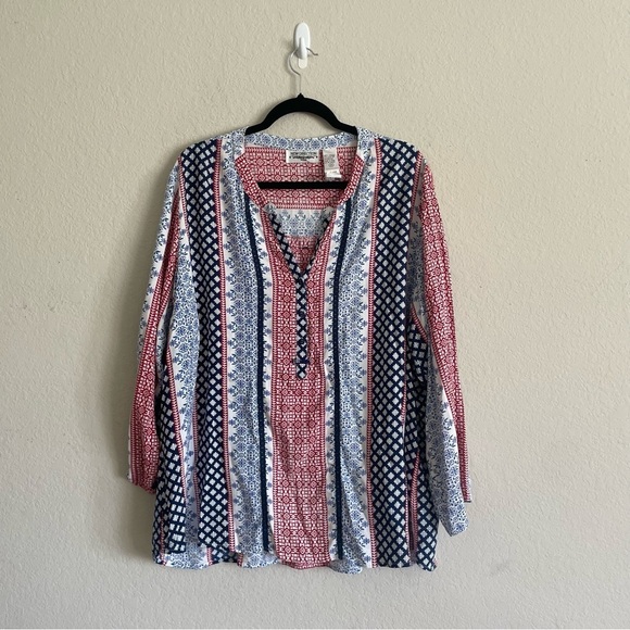 New Direction woman’s Red, white, and blue Blouse 2X peasant casual gma core - Picture 1 of 9